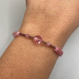Vintage Silver Tone Pink Beaded Dainty Bangle Cuff Statement Bracelet